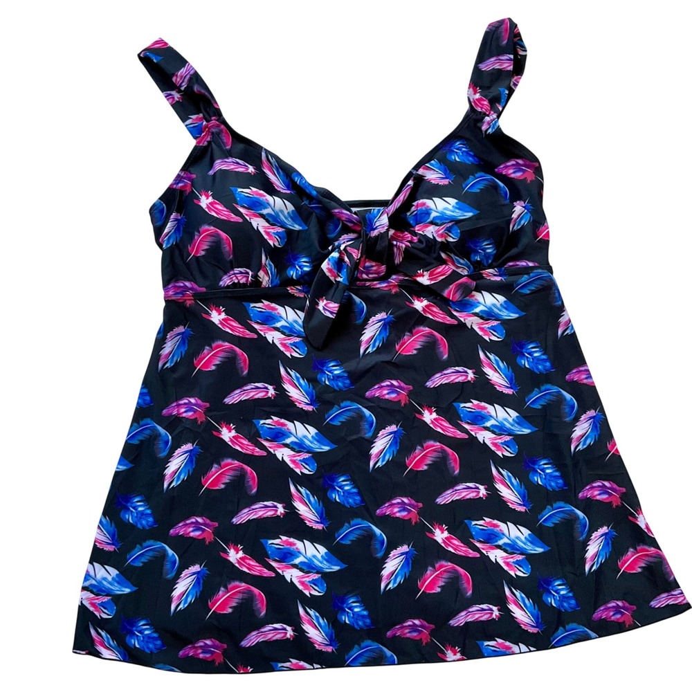 Danify Pink Blue Feather Print Swim Dress‎ Top Black Plus Sz 22 Adjustable NWOT